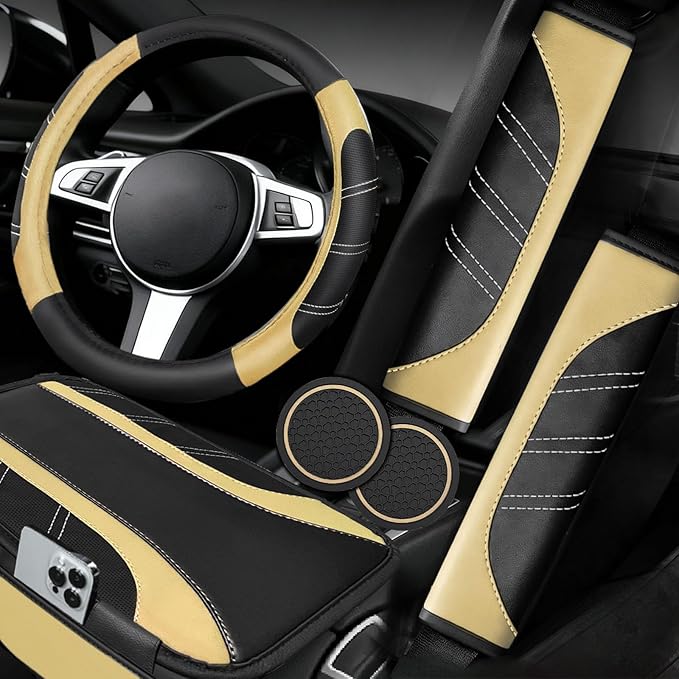 NBTEPEM 6 Pcs Beige Car Accessories Set, Sport Leather Steering Wheel Cover 14.5-15inch Universal, Microfiber Leather Car Center Console Cover, Seat Belt Cushion, Cup Holder Coaster (Black-Beige)