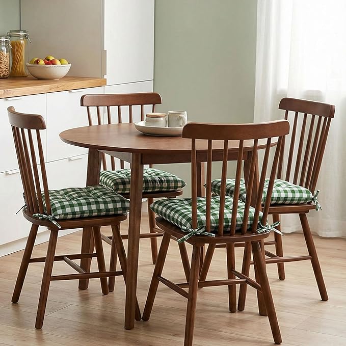 Geetery 4 Pack Chair Cushions for Dining Chairs, 16" x 15" Green and White Kitchen Chair Cushions with Ties Buffalo Plaid Soft Comfy Seat Pads for Home Office Living Room Outdoor Indoor