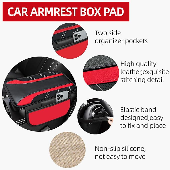 NBTEPEM 6 Pcs Red Car Accessories Set, Sport Leather Steering Wheel Cover 14.5-15inch Universal, Microfiber Leather Car Center Console Cover, Seat Belt Cushion, Cup Holder Coaster (Black-Red)