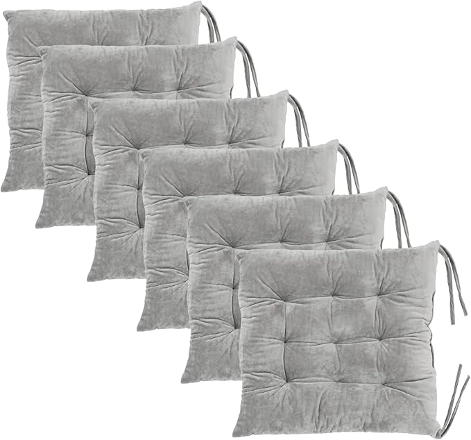 6 Pack Square Seat Cushion Chair Pads for Kitchen Dining Chairs, Soft Comfort Velvet Chair Mat Pillow Cushions with Ties for Office Desk Living Room Tatami 15.5", Gray