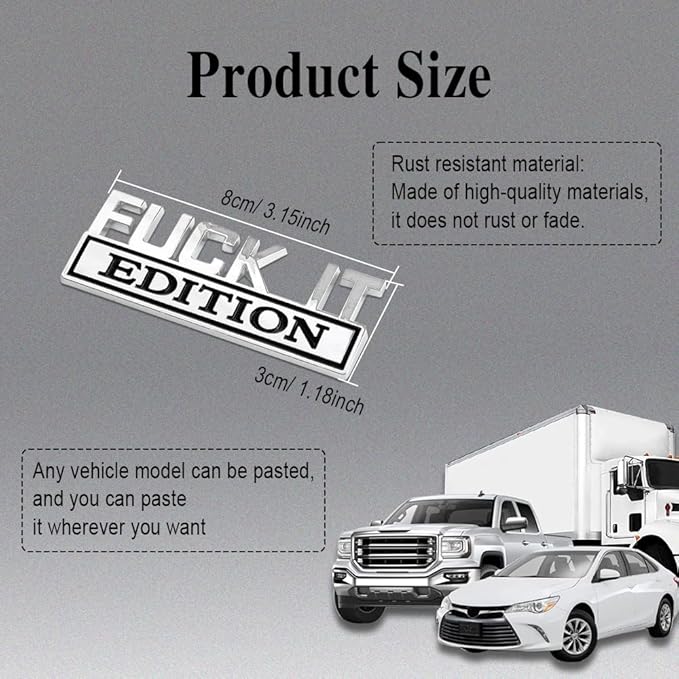 Fuck IT Edition Emblem, Car Exterior Emblems Badge 3D Sticker Decal, Fuck-IT Edition Emblem 3D Fender Badge Decal, 3D Fender Badge Decal Car Truck Replacement, Fit for All Cars (Sliver Black 1)