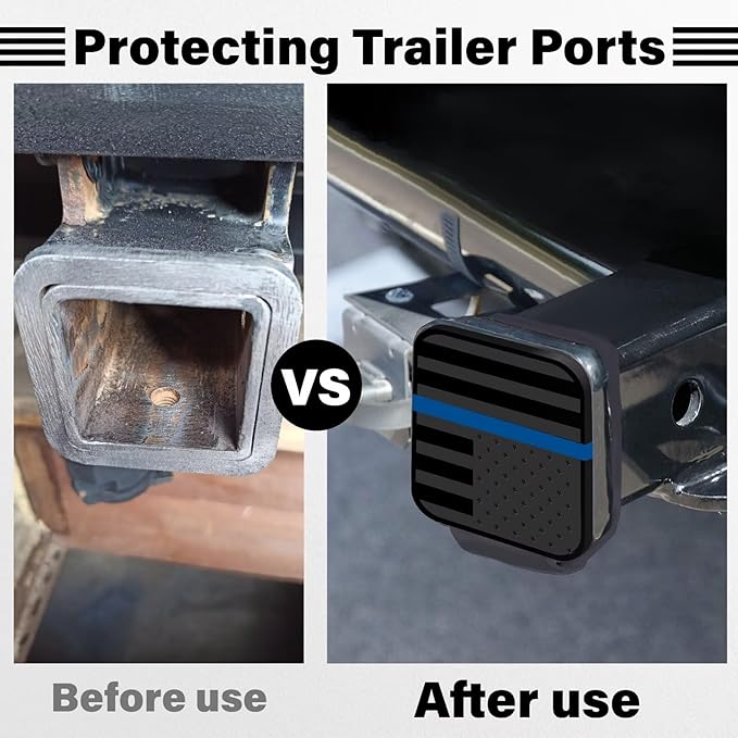 2 Inch Rubber Trailer Hitch Cover, Durable Tow Hitch Covers with American Flag, Car Exterior Accessories Fits for 2 Inches Hitch Receivers, Hitch Cover Tube Plug Cap for Trucks(Black&Blue Line)