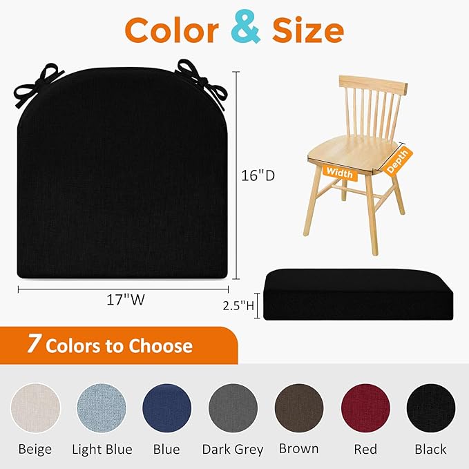 downluxe Chair Cushions for Dining Chairs, Memory Foam Linen Kitchen Chair Pads with Ties, Waterproof, Stain-Resistant and Washable Cover, 17" x 16" x 2.5", Black, 2 Pack