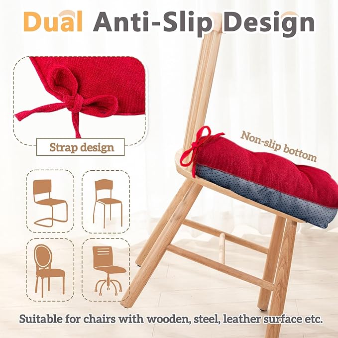 MAGIC ELEPHANT Chair Cushions for Dining Chair, Shredded Memory Foam Kitchen Chair Cushions Set of 4, Non-Slip Thick Dinning Room Chair Pads Seat Cushions, 15.5" x 15.5" x 4" (Red)