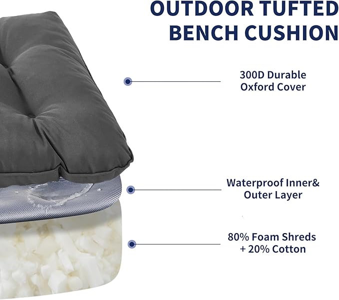 IPYNBAP Outdoor Bench Cushion, 59x18x5 Inch, Waterproof Bench Cushion for Outdoor/Indoor Furniture, Tufted Patio Bench Seat Cushion, Fade Resistant Outdoor Cushions for Porch Swing Couch, Dark Grey