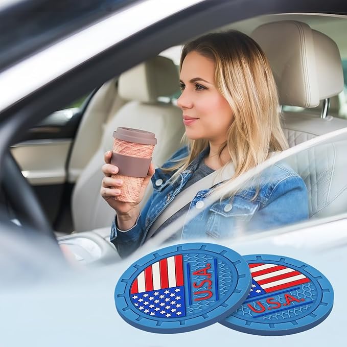 AUCELI 4 Pack Car Cup Holder Coasters, Colored American Flag US Flag Insert Car Cup Coaster, 2.75 Inch Anti Slip Shockproof Embedded Drink Mat, Vehicle Interior Decor Accessories