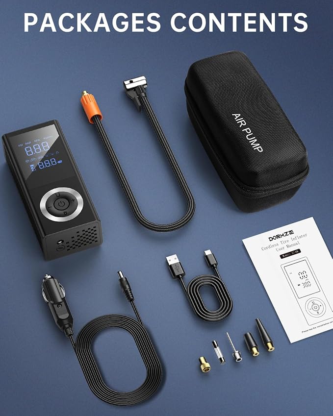 Tire Inflator Portable Air Compressor, Cordless Air Pump For Car Tires with Digital Pressure Gauge, LED Light,12V Car Power Adapter, Storage Box