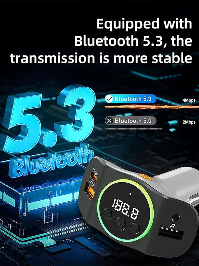 Bluetooth 5.3 FM Transmitter for Car, Wireless Car Adapter with QC3.0/PD30W Fast Charging, Hands-Free Calling, AUX/USB Playback, Navigation Broadcast & 7-Color Mood Light, Ideal for Older Cars/Trucks