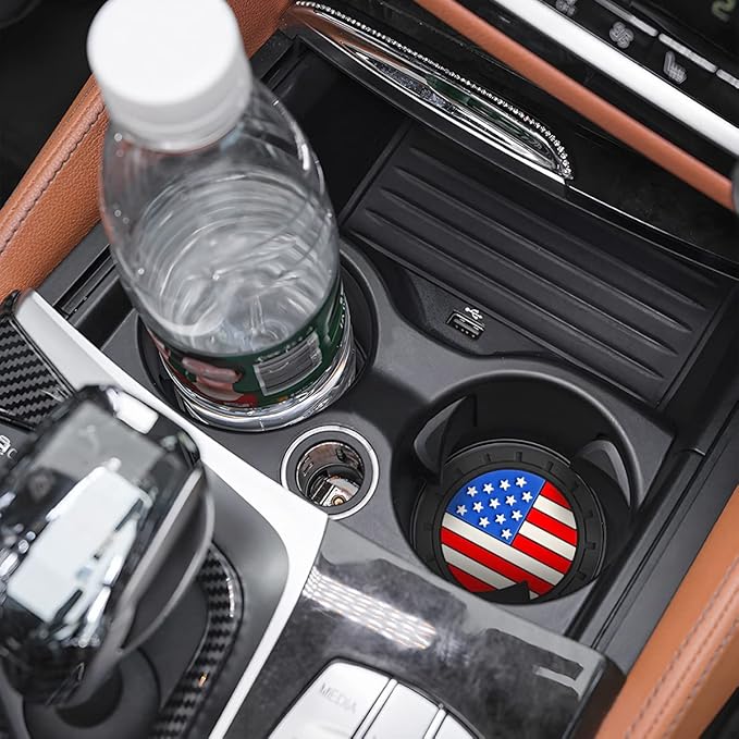 AUCELI 2 Pack Car Cup Holder Coasters, Colored American Flag US Flag Insert Car Cup Coaster, 2.75 Inch Anti Slip Shockproof Embedded Drink Mat, Vehicle Interior Decor Accessories