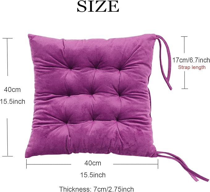 Set of 4 Square Chair Pads Indoor Seat Cushions Pillows with Ties Soft Comfortable Non Slip Chair Mat for Kitchen Dining Office Desk Living Room Outdoor Tatami 15.5" - Purple