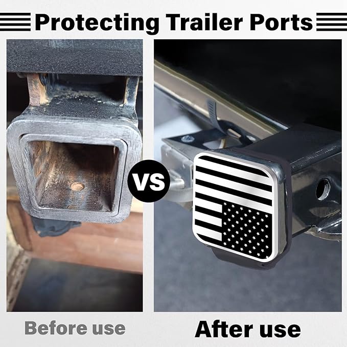2 Inch Rubber Trailer Hitch Cover, Durable Tow Hitch Covers with American Flag, Car Exterior Accessories Fits for 2 Inches Hitch Receivers, Hitch Cover Tube Plug Cap for Trucks(Silver&Black Line)