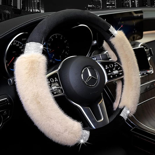 Achiou Steering Wheel Cover, Fluffy, Universal Rhinestone, Comfortable, Non-Slip Luxurious Faux Wool,Bedazzled Car Accessories for Women, Fits for 14.5 to 15 Inch