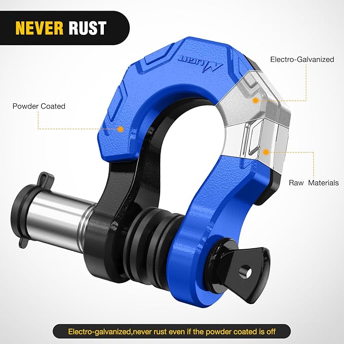 Nilight 2 Pack 3/4" D-Ring Separate Shackle with 7/8" Lock Pin 45,000 lbs Break Strength, Off Road Recovery Shackle with Isolators Washers for Use with Tow Strap, Winch, Truck Vehicle (Black&Blue)