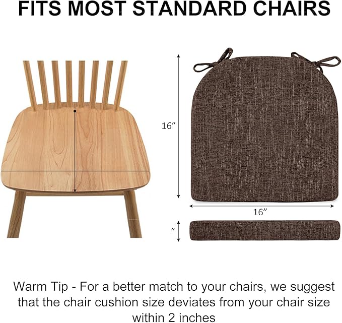 Wellsin Chair Cushions for Dining Chairs 6 Pack - Kitchen Chair Cushions with Ties and Non-Slip Backing - Dining Chair Pads 16"X16"X2", Brown