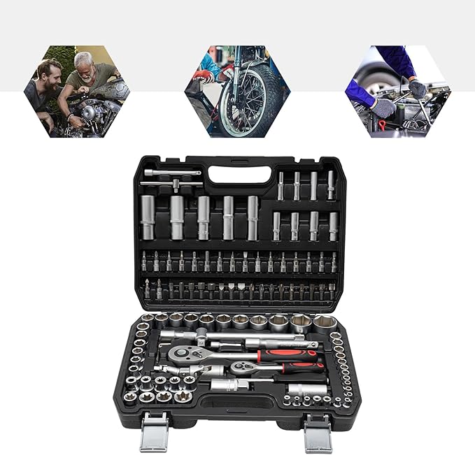 LYNICESHOP 108Pcs Mechanical Tools Kit, Ratchet Wrench Mechanics Tools Kit Metric 1/4 And 1/2 Drive Socket Set Sockets,Quick Release Reversible Ratchet Wrench Fit For Diy Car Motorcycle Repair