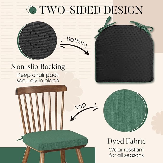 Basic Beyond Chair Cushions for Dining Chairs 4 Pack, Kitchen Chair Cushions with Ties and Non Slip Backing, 16 x 16 inches Chair Pads for Dining Chairs (Forest Green)