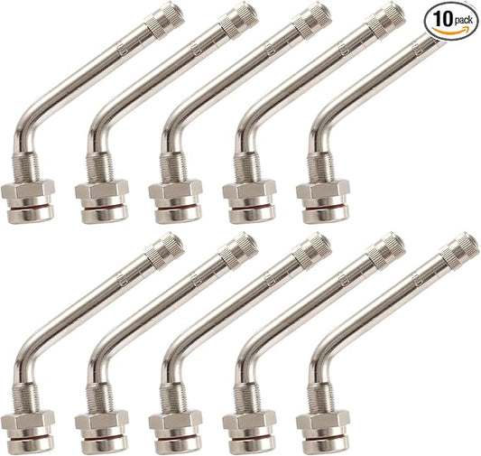 10 Piece TR545D 60 Degree Valve Stems for Commercial Vehicles. Fits 0.382"+0.0118" Valve Hole Dia, Length 3.78'', Nickel-Plated Brass, Silver