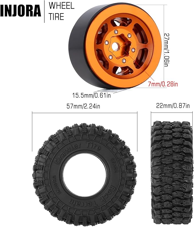 INJORA 1.0 Beadlock Wheel S5 Super Soft Sticky Crawler Tires for TRX4M Axial AX24 SCX24 FCX24 Enduro24 Upgrade, 57 * 22mm(Gold)
