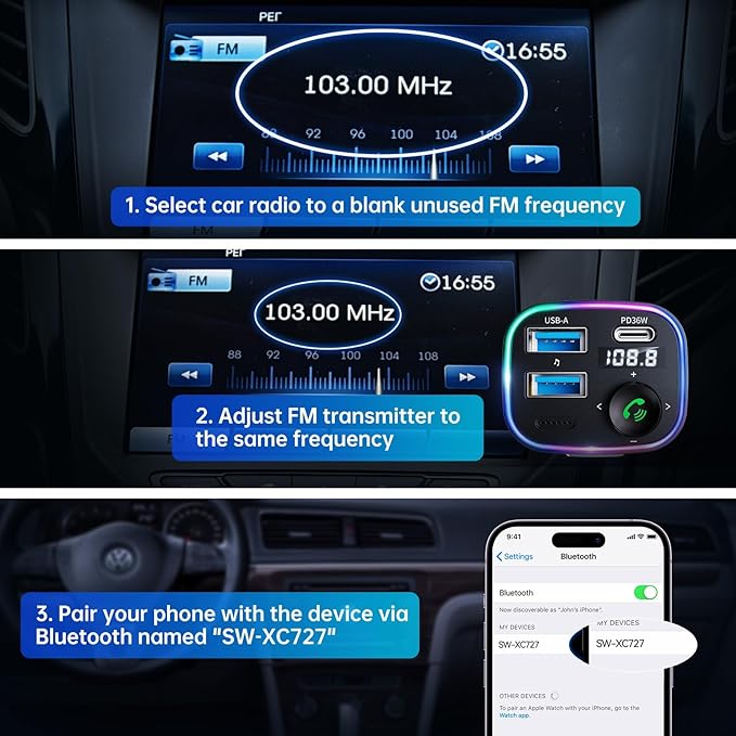 Syncwire Bluetooth 5.4 FM Transmitter Car Adapter 48W(PD 36W & 12W) [Light Switch] [Hi-Fi Deep Bass] [Fast Charging] Wireless Radio Music Adapter LED Display Hands-Free Calling Support USB Drive