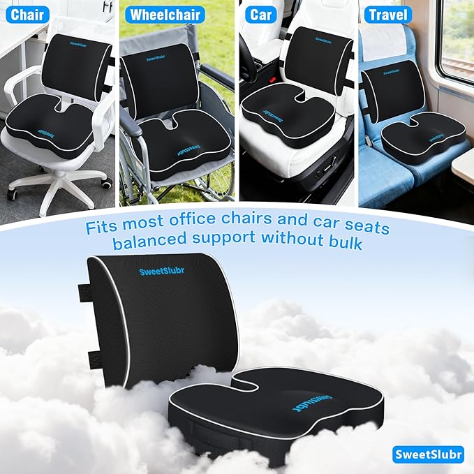 SweetSlubr Ergonomic Memory Foam Seat Cushion & Lumbar Support Pillow Set, Orthopedic Coccyx Cushion for Office Chair, Car, Home – Relieves Back, Sciatica & Tailbone Pain, Improves Posture Black/Large