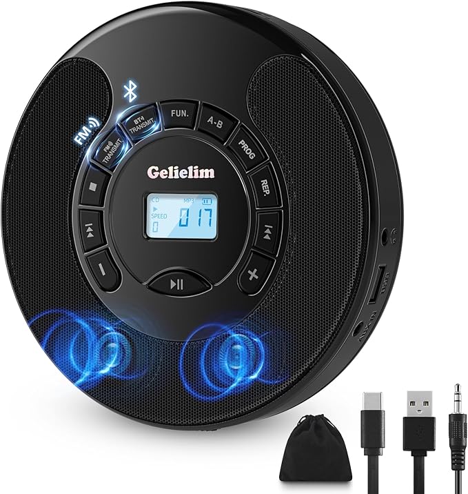 Gelielim Portable CD Player, CD Player for Car with Bluetooth and FM Transmitter, CD Music Player with Dual Stereo Speakers, Anti-Skip Protection, AUX/USB Port, 2000mAh Rechargeable Battery