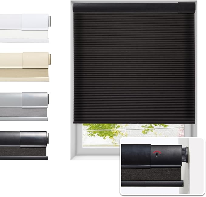 Tonature No Drill Cellular Shades for Indoor Windows, Thermal Insulating & Noise Reducing Honeycomb Blinds, Cordless Free Stop Blinds Light Filtering, Black, Custom Size