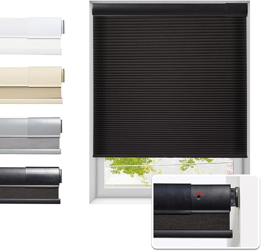Tonature No Drill Cellular Shades for Indoor Windows, Thermal Insulating & Noise Reducing Honeycomb Blinds, Cordless Free Stop Blinds Light Filtering, Black, Custom Size