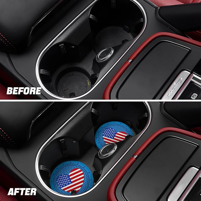 AUCELI 2 Pack Car Cup Holder Coasters, Colored American Flag US Flag Insert Car Cup Coaster, 2.75 Inch Anti Slip Shockproof Embedded Drink Mat, Vehicle Interior Decor Accessories