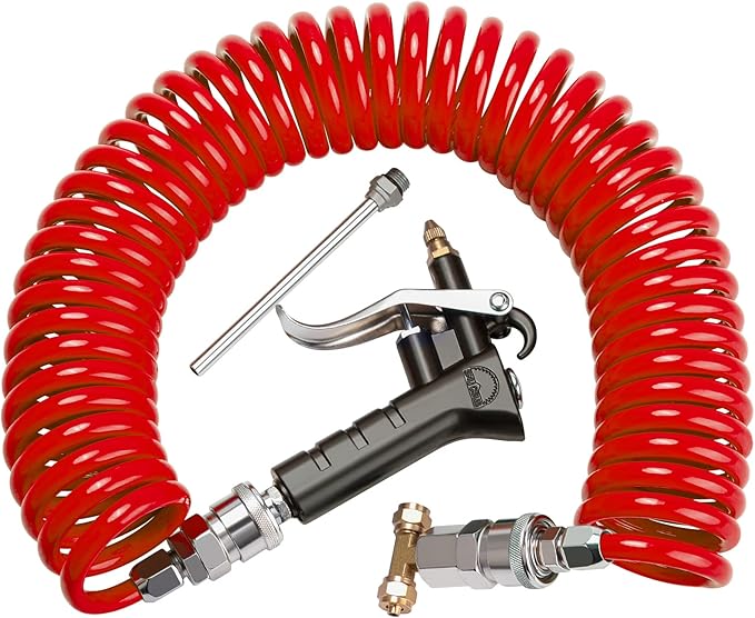 Heavy Duty Truck Air Duster Blow Gun Cleaning with 9 Meter Long Coil and 2 interchangeable nozzle tips- Red Air Seat Blow Gun Kit