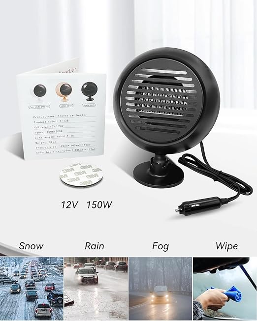 12V 180W 2-in-1 Car Heater & Cooler, Portable Windshield Defroster with 360° Rotating Suction Mount, Plugs into Cigarette Lighter, Black