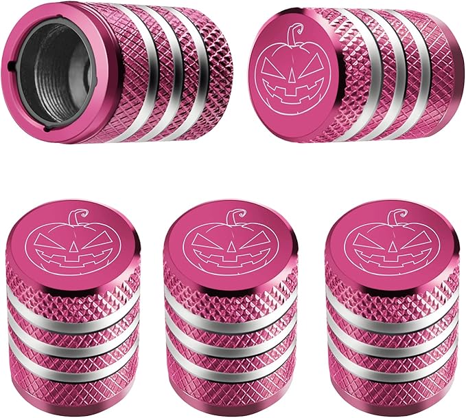 Tire Valve Stem Cap Cover - (5 Pack) Tire Air Cap Metal with Plastic Liner Corrosion Resistant Leak-Proof Halloween Pumpkin Car Decoration Accessories Pink
