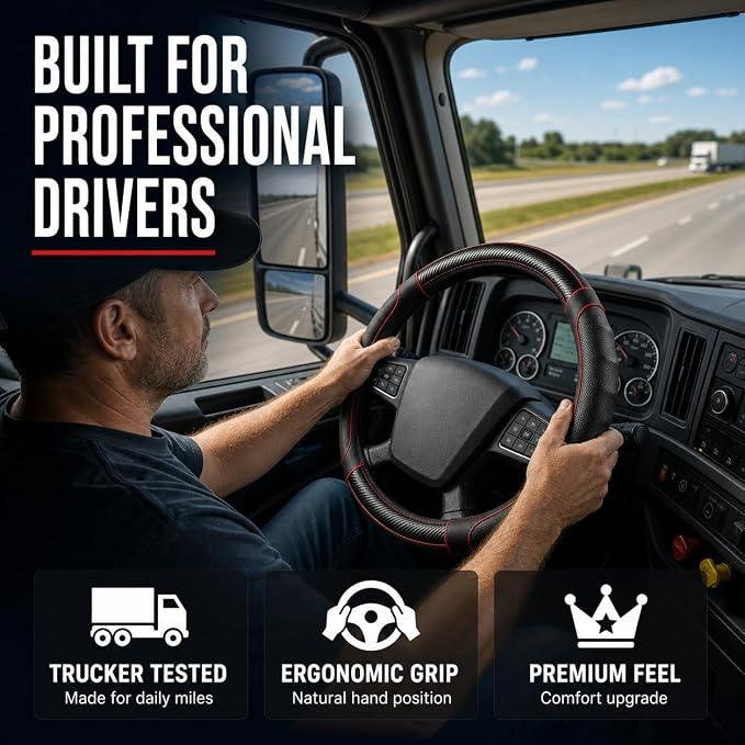 18 Inch Semi Truck Steering Wheel Cover for Freightliner Cascadia, Kenworth T680 T880, Peterbilt 579, Volvo VNL - Anti-Slip Carbon Fiber Grip - Carbon Red