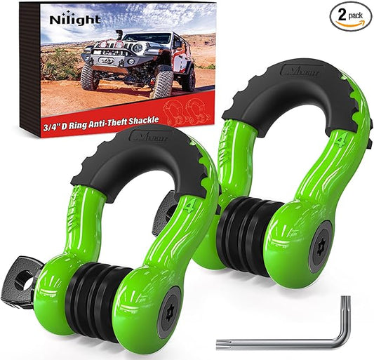 Nilight 3/4 inch D Ring Shackle 2 Pack 19T (41,887 lbs) Break Strength 4.75T WLL Heavy Duty Towing Hook with Anti-Theft System Anti-Rattle Isolators for Truck Jeep SUV ATV UTV Recovery Green