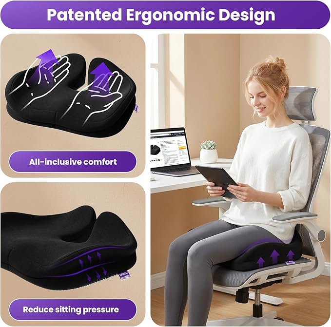 ZZ-WELL Seat Cushions for Office Chairs - Patented Coccyx Cushion for Tailbone Pain - 21.2" W x 16.5" L Memory Foam Extra Large Seat Cushion, Removable & Machine Washable Cover (Black)