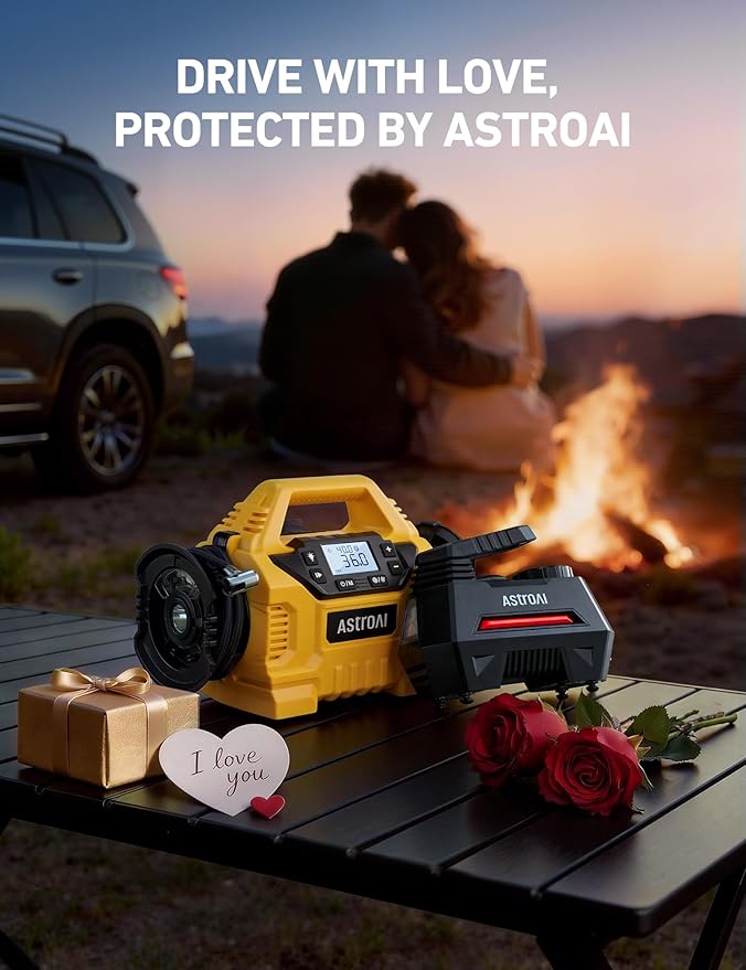 AstroAI Tire Inflator Portable Air Compressor Tire Air Pump for Car Tires - Car Accessories, 9.8Ft Cord-12V DC-Powered Auto Pump with Digital Pressure Gauge, LED Light for Bicycle, Balloons, Red