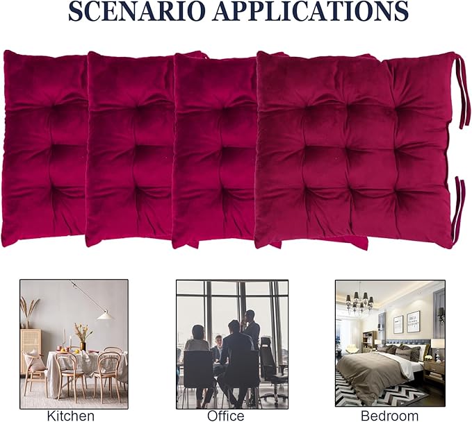 Set of 4 Chair Cushions for Dining Chairs with Ties, Indoor Non-Slip Kitchen Chair Pad and Dining Room Seat Cushion Mat for Office Living Room Outdoor 15.5" - Burgundy