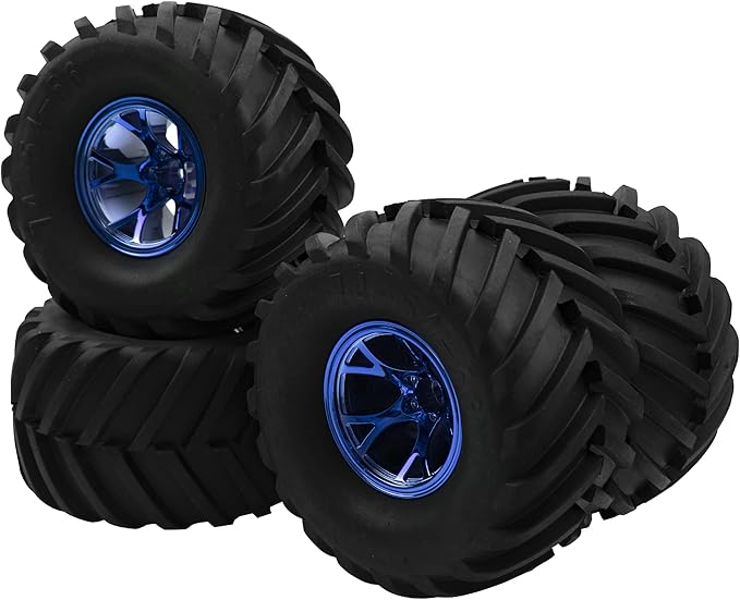 5.31''OD Rubber Tires & Wheel Rim 12mm Hex Hub Compatible with Traxxas Rustler HPI HSP Volcano Tamiya Exceed Himoto 1/10 Off-Road Monster Truck,135mmx73mm (Blue)