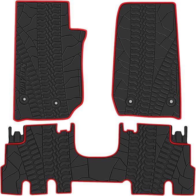 Car Floor Mat for Jeep Wrangler Sahara Rubicon JK 4 Door 2014 2015 2016 2017 2018 Full Set 4 Pieces Custom Fit Black Red Rubber Auto Floor Liner Mat All Weather Heavy Duty Odorless