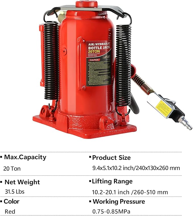 20 Ton Air Hydraulic Bottle Jack with Air-Powered or Manual Operation, One-Piece Hydraulic Cylinder Design, Air Bottle Jack with Carry Handle for Pickup Trucks, Commercial Vehicles, and Farm Equipment