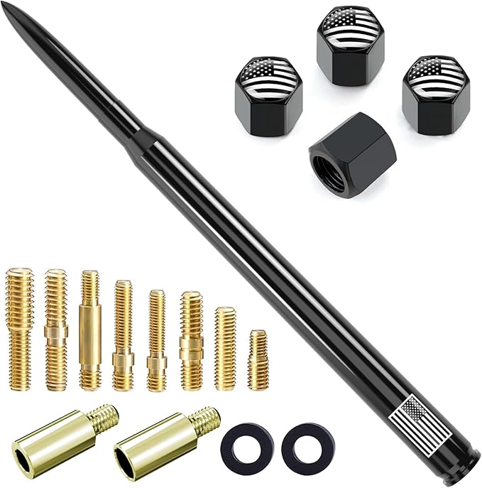 10" Car Truck Bullet Antenna with Tire Valve Caps American Flag Universal Replacement for GMC Sierra Chevy Silverado Dodge Ram 1500 2500 3500 Ford F150 F250 F350 Super Duty Raptor Accessories Black