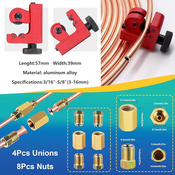 smseace 55Pack 3/16 Inch+3/16 Inch Brake line kit Include 25 FT Zinc-Plated Brake Lines with Fitting(32pcs Fittings,4pcs Union+8pcs Nut) Brake line Bender,Single Flare Tool,Cutter Brake line kit