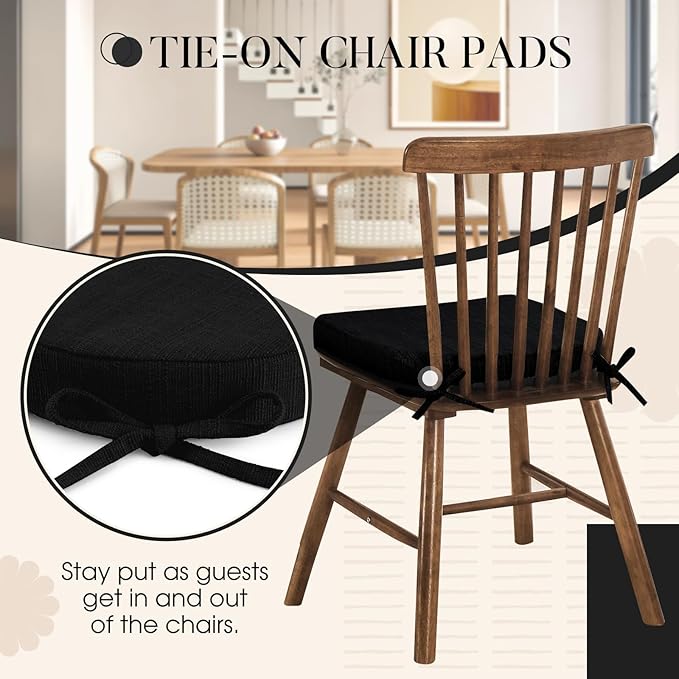 Basic Beyond Chair Cushions for Dining Chairs 6 Pack, Kitchen Chair Cushions with Ties and Non Slip Backing, 16 x 16 inches Chair Pads for Dining Chairs (Black)