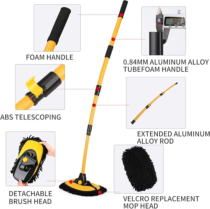 57'' Car Wash Brush with Long Handle Chenille Microfiber Car Wash Kit， Mitt Retractable Bent Pole Car Wash Brush for Cars RV Truck Boat (Ginger)