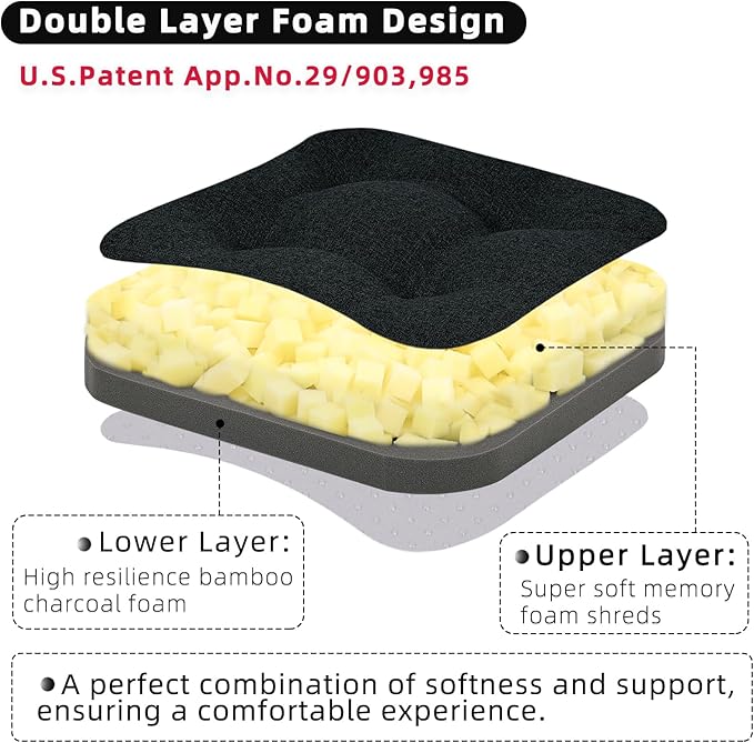 GOFORIT Chair Cushions Set of 4,Tufted Shredded Memory Foam Chair Pads, Non-Slip Seat Cushions with Removable Cover, 16'' x 16'', 4 Pack,Black