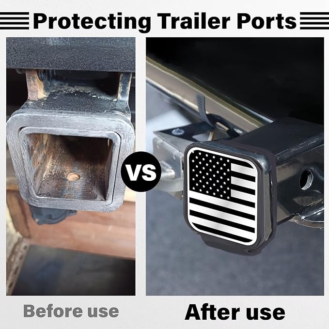 2 Inch Rubber Trailer Hitch Cover, Durable Tow Hitch Covers with American Flag, Car Exterior Accessories Fits for 2 Inches Hitch Receivers, Hitch Cover Tube Plug Cap for Trucks(Silver&Black Line)