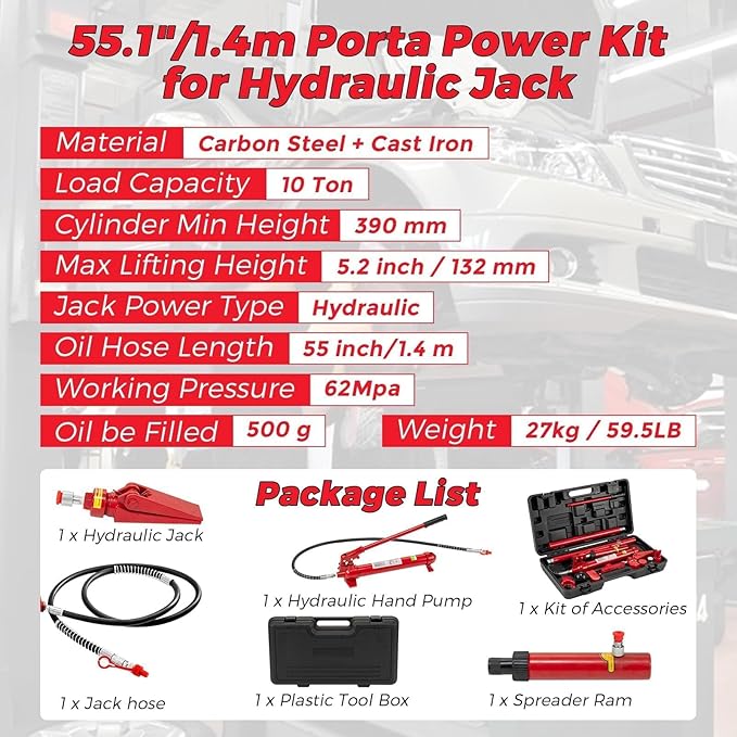 12 Ton Hydraulic Porta Power Kit, Heavy-Duty Frame Repair Tool Set with 4.6Ft Hose & Storage Case, 26,455 Lbs Capacity – Auto Body, Car, Truck & Garage Maintenance