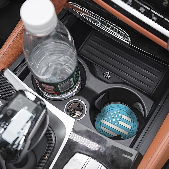 AUCELI 4 Pack Car Cup Holder Coasters, Colored American Flag US Flag Insert Car Cup Coaster, 2.75 Inch Anti Slip Shockproof Embedded Drink Mat, Vehicle Interior Decor Accessories