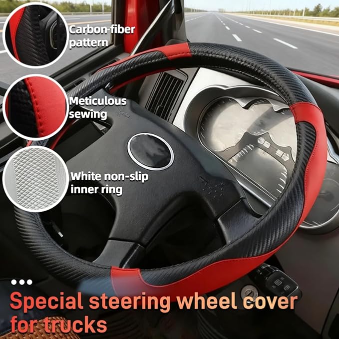 20 Inch Semi Truck Steering Wheel Cover, Anti-Slip Breathable Carbon Fiber Texture with Inner Ring, Black Red for Long-Haul Driving