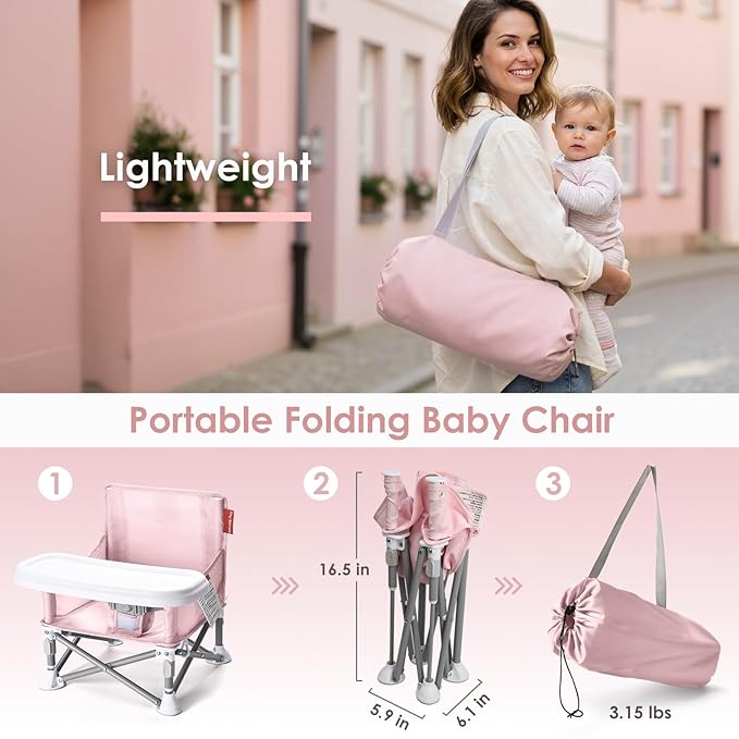 Tiny Marvels Portable Booster Seat, Foldable Baby High Chair with Removable Tray, Safety Harness & Carry Bag – for Toddlers Ages 6M-3Y, Ideal for Dining, Travel, Camping & Family Time