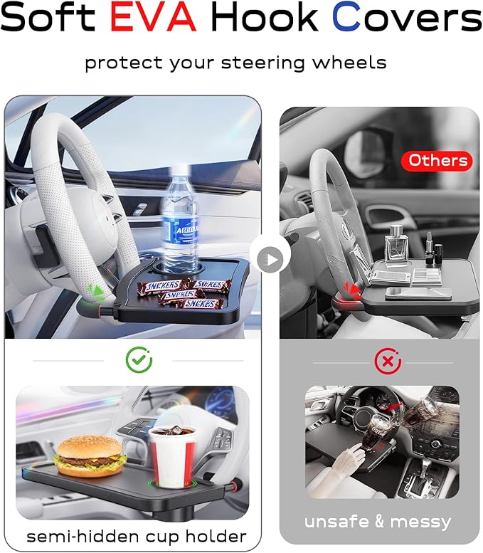 Steering Wheel Tray, Large Car Tray Table, Car Desk for Eating Drinks Work, Freely Adjustable & Universal Fit, Compatible with Tesla Ford Ram Chevrolet Silverado Toyota Tacoma GMC Sierra